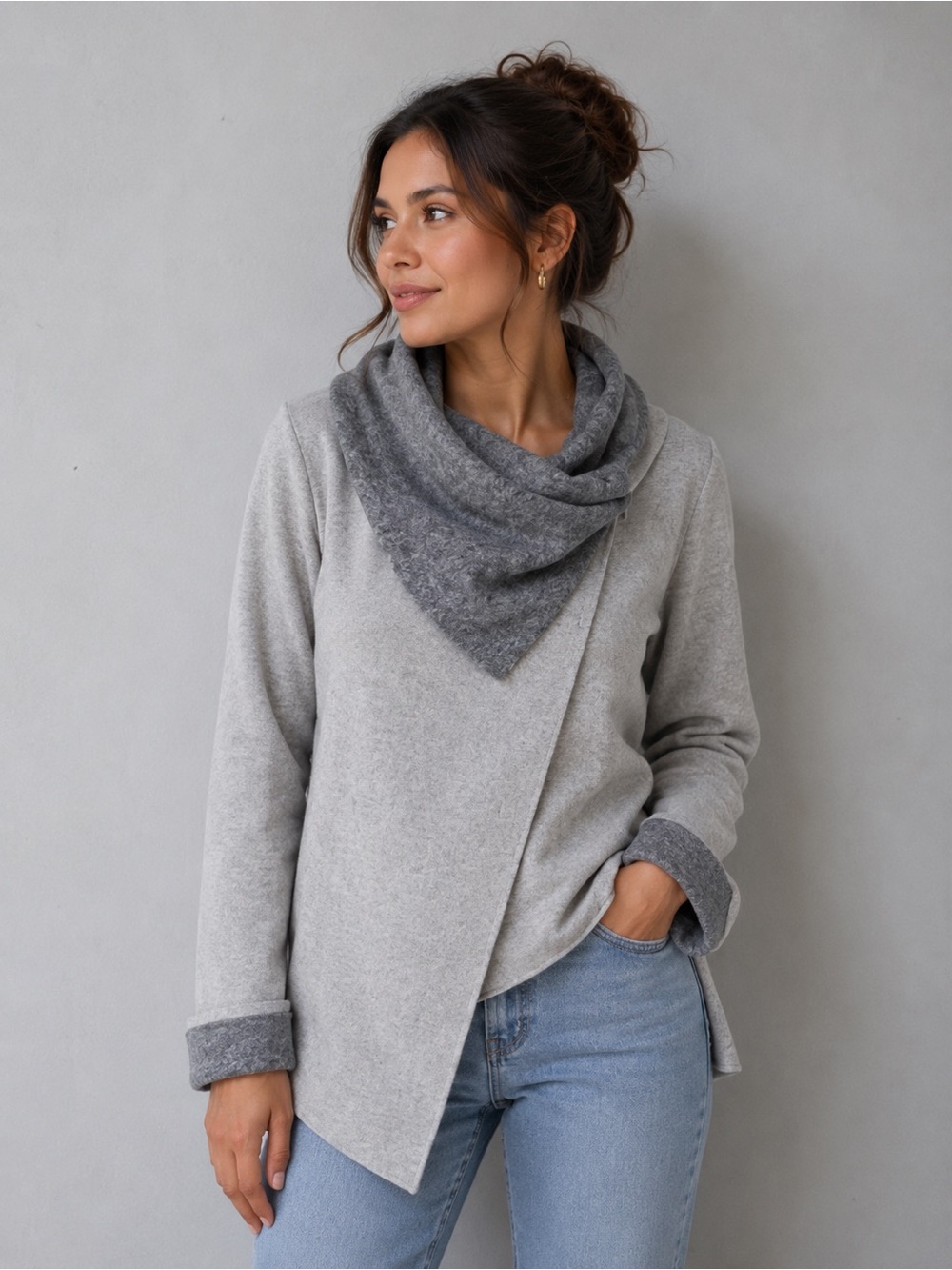 Chiaramente Made In Italy Charcoal Gray & Light Beige Wrap/Shawl Cardigan ~ Sz M